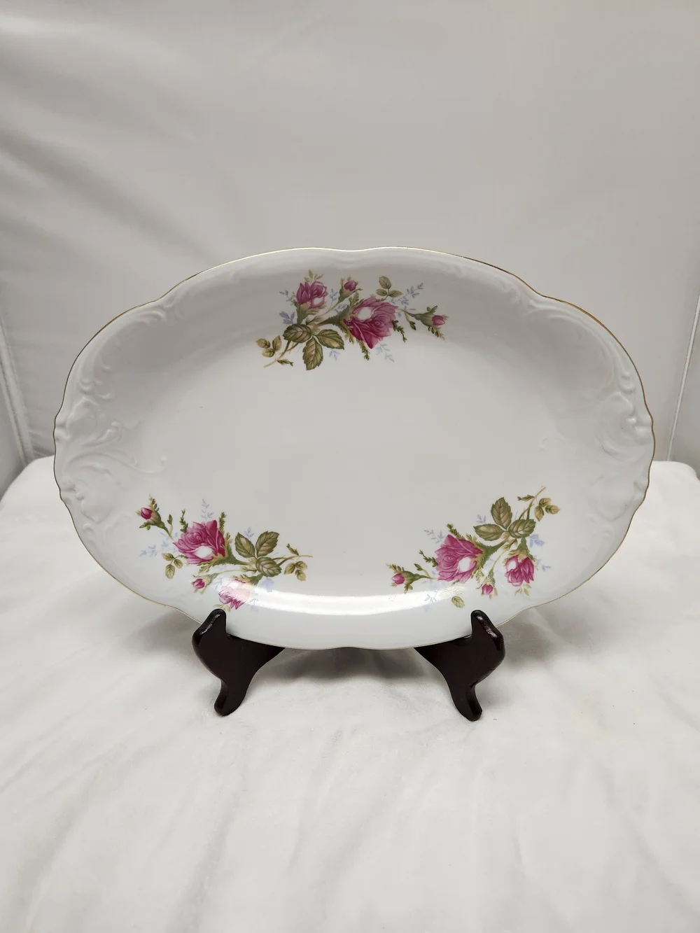 Porcelain Serving Platter with Pink Rose Motif and Gold Trim